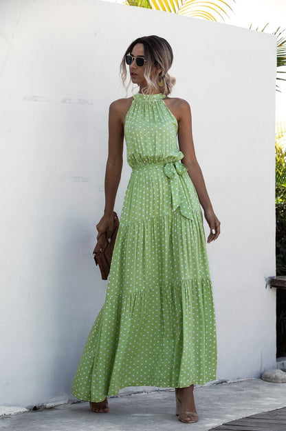 Green Wave Bohemian Boho Printed Hanging Neck Straps Maxi Dresses