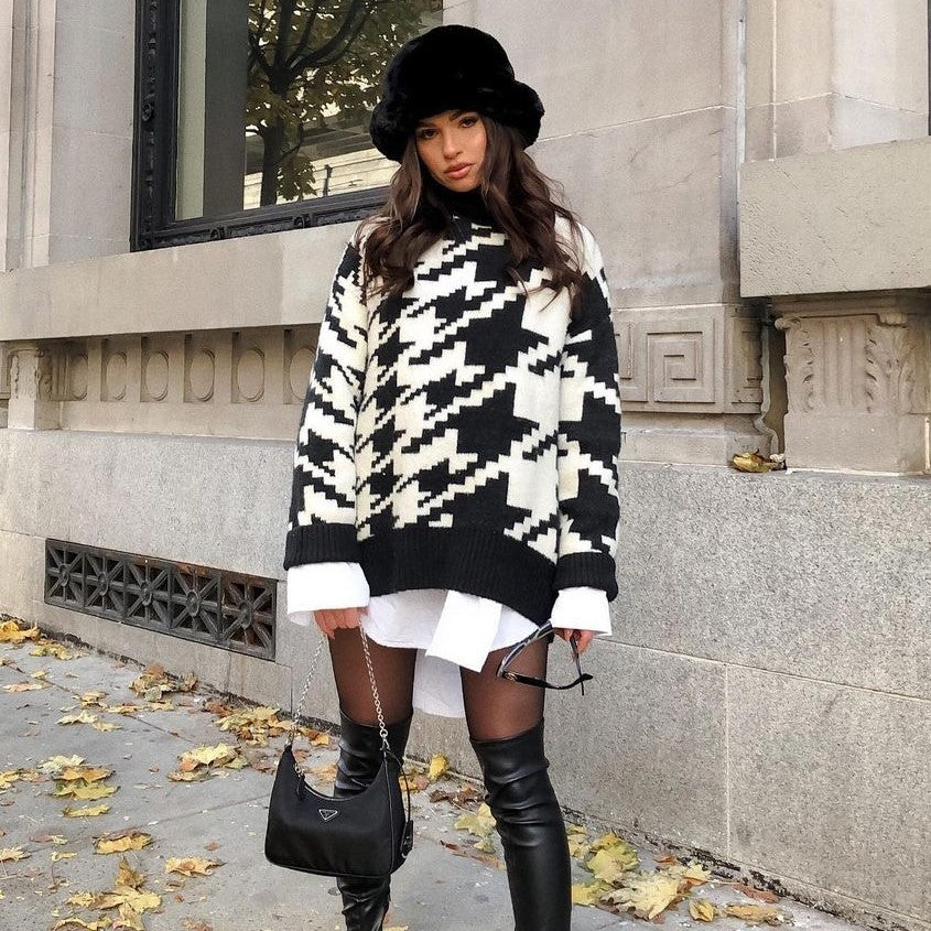 Geometric Shape Houndstooth Knit Vintage Sweater