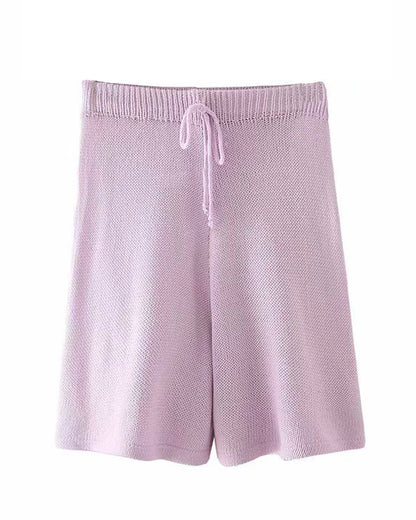Flared Sleeves Tie Knitting Tops Shorts Two-piece Set