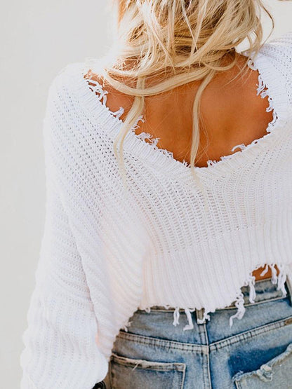 Sexy Deep V Neck Exposed Navel Irregular Edge Sweater