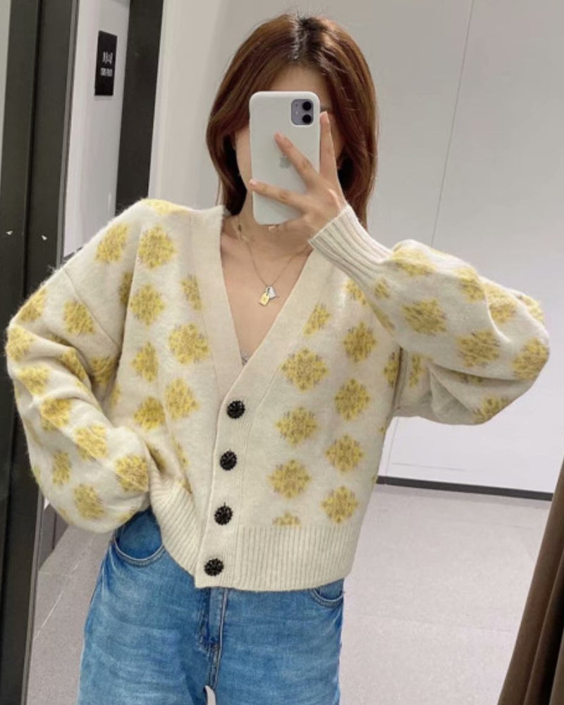 Knit V-neck Single-breasted Argyle Pattern Cardigan