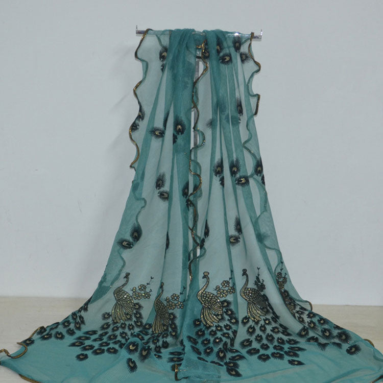 Fashion Lace Scarf Net Yarn Printing Peacock Stitching Flocking Phoenix Scarf for Women Ladies Girls