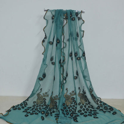 Fashion Lace Scarf Net Yarn Printing Peacock Stitching Flocking Phoenix Scarf for Women Ladies Girls