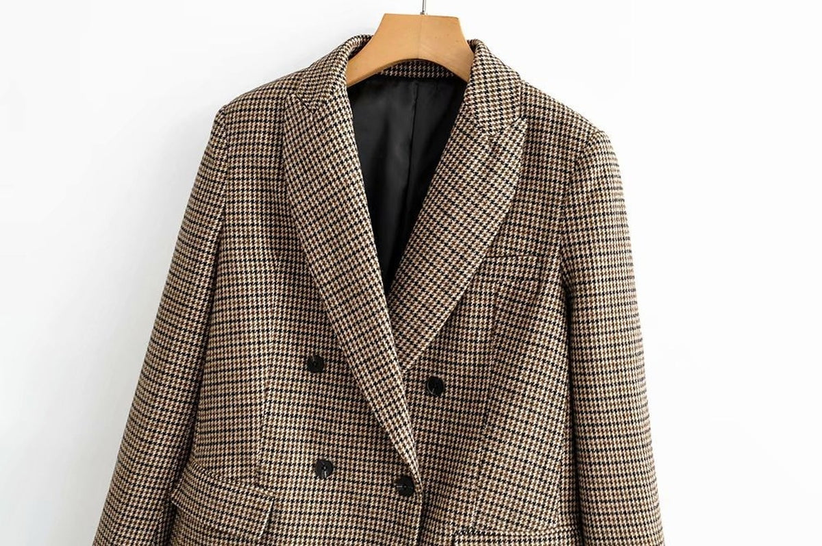 Double-breasted Houndstooth Suit Coat Cardigan Blazers