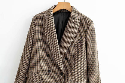 Double-breasted Houndstooth Suit Coat Cardigan Blazers