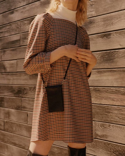 Square Collar Lattice Plaid Mini Dress