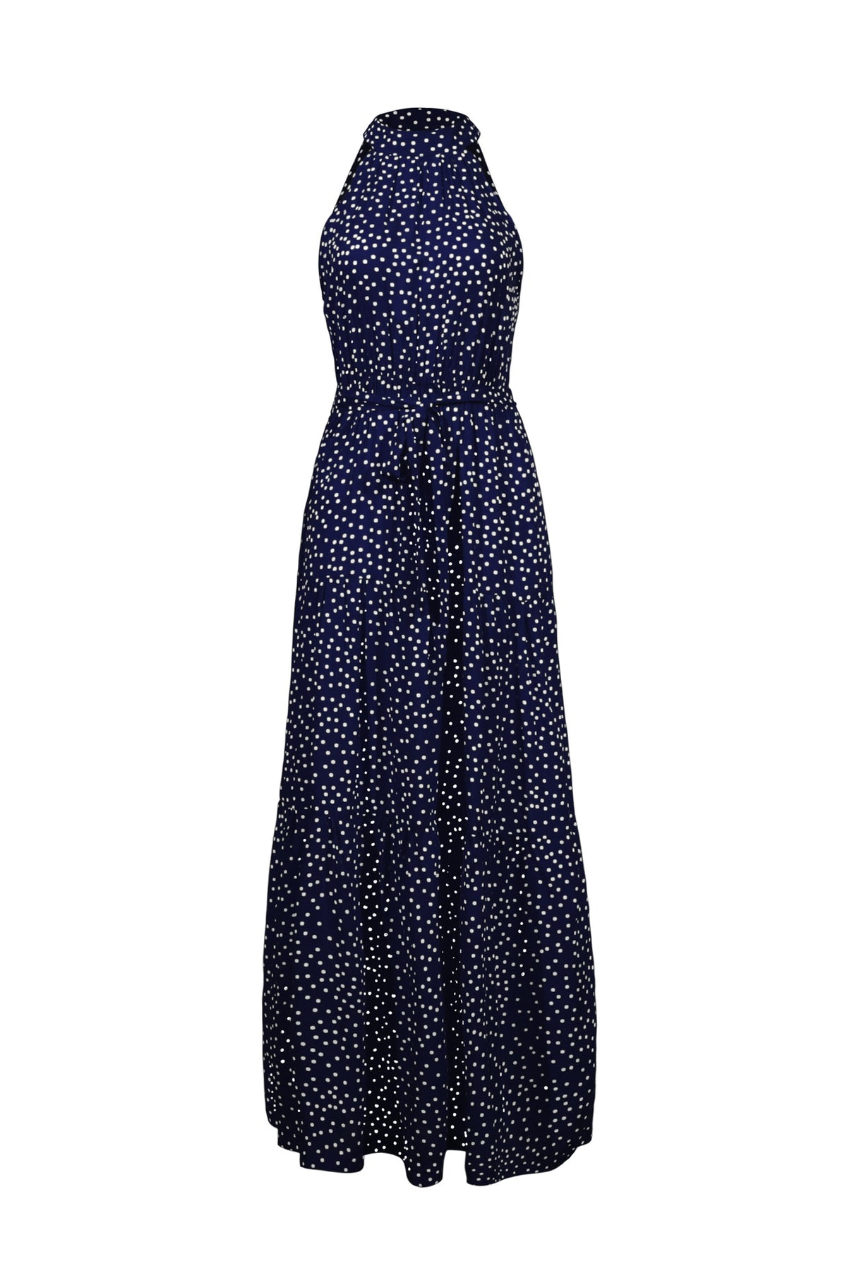 Navy Blue Wave Bohemian Boho Printed Hanging Neck Straps Maxi Dresses