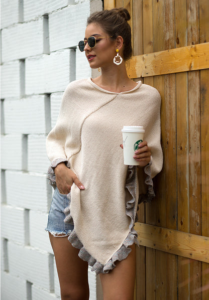 Ruffled Hem Crimped Collar Sweater Cloak Shawl Cape Cardigans