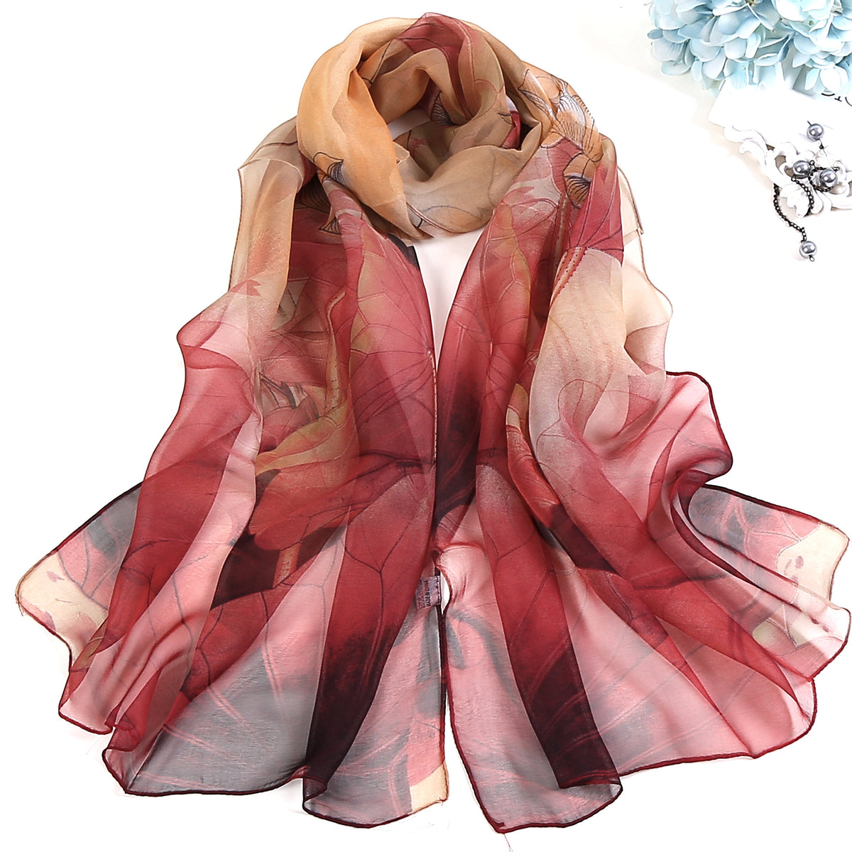 Lotus Printed Long Thin Silk Scarf for Women