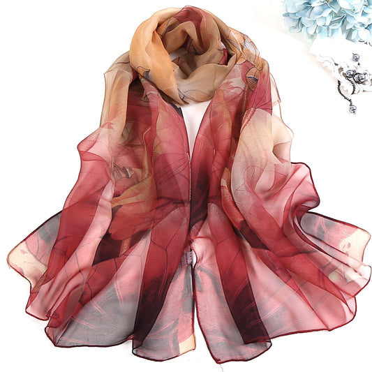 Lotus Printed Long Thin Silk Scarf for Women