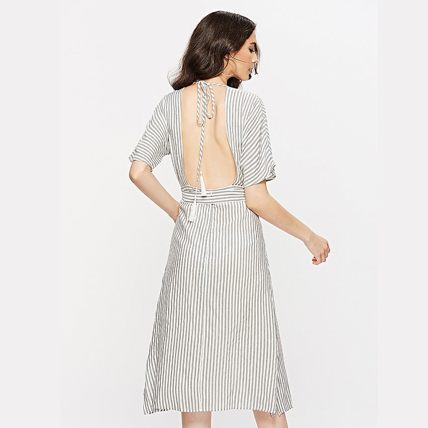 Deep V Striped Backless Seaside Vacation Maxi Dresses