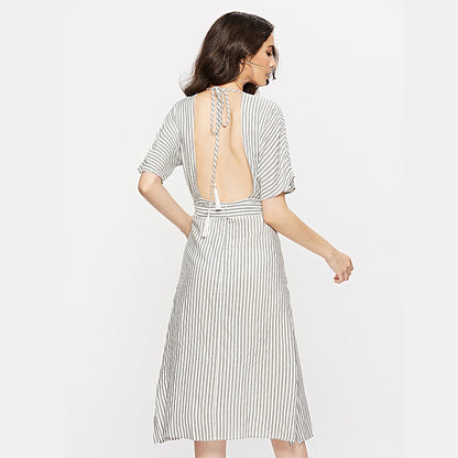 Deep V Striped Backless Seaside Vacation Maxi Dresses