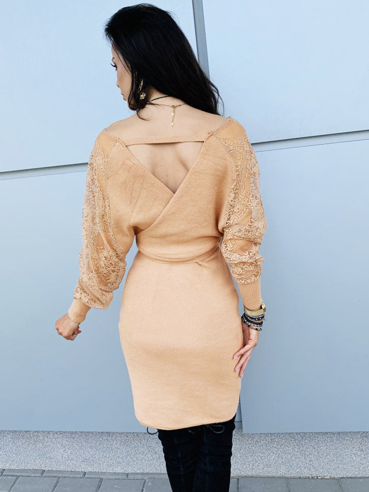 Deep V-neck Collar Elegant Lace Sleeve Bodycon Midi Dresses