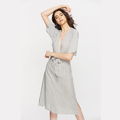 Deep V Striped Backless Seaside Vacation Maxi Dresses