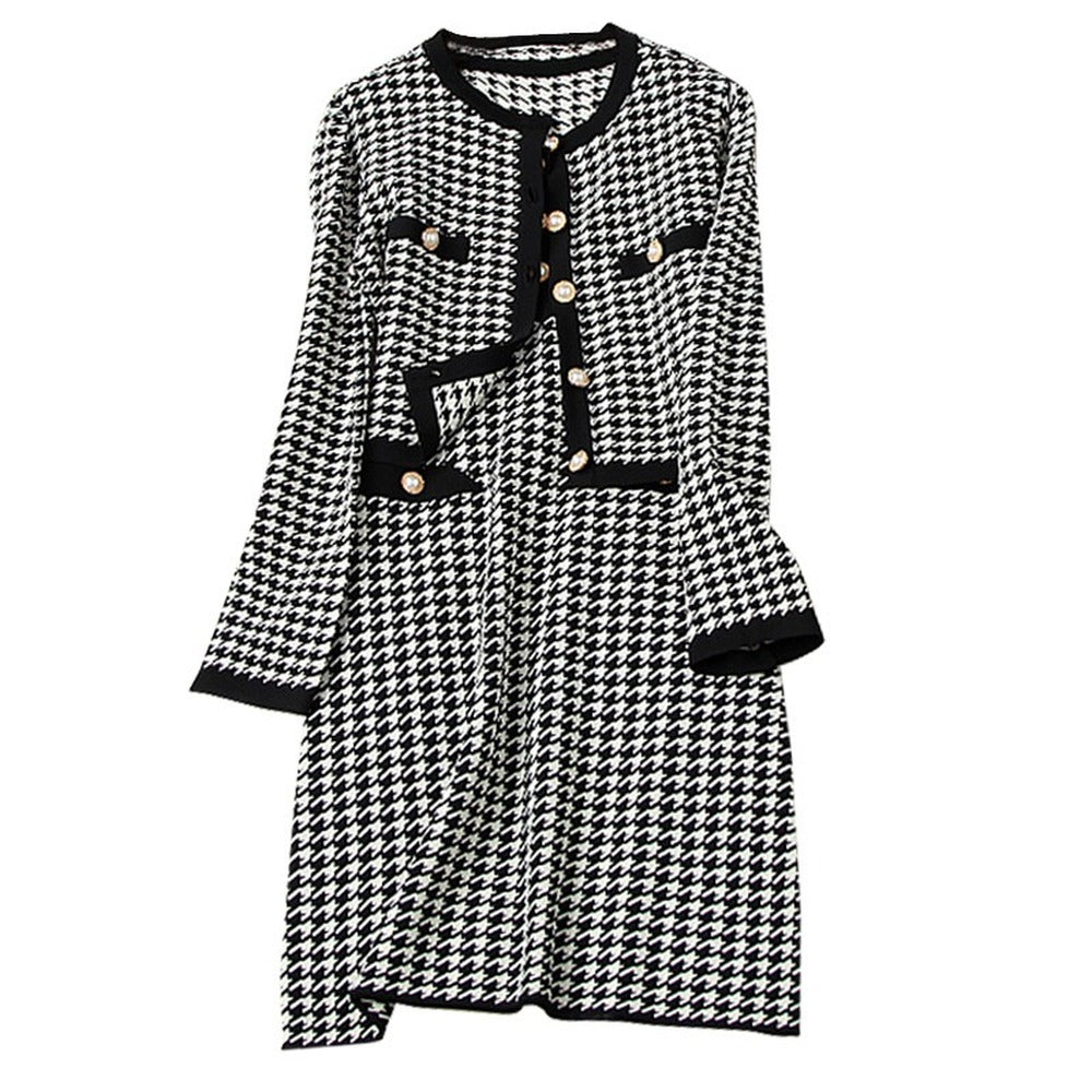 Classic Houndstooth Single-breasted Cardigan Vest Dress Two-piece Set