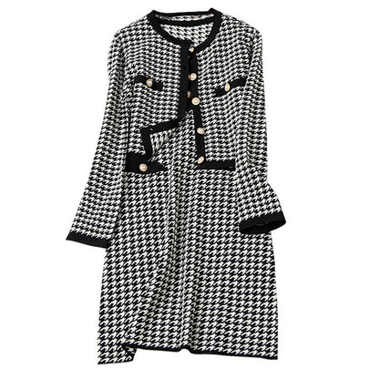 Classic Houndstooth Single-breasted Cardigan Vest Dress Two-piece Set