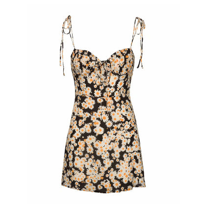 Lace-up Chiffon Print Daisy Tube Top Mini Dress