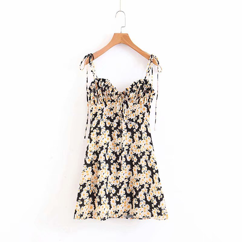 Lace-up Chiffon Print Daisy Tube Top Mini Dress