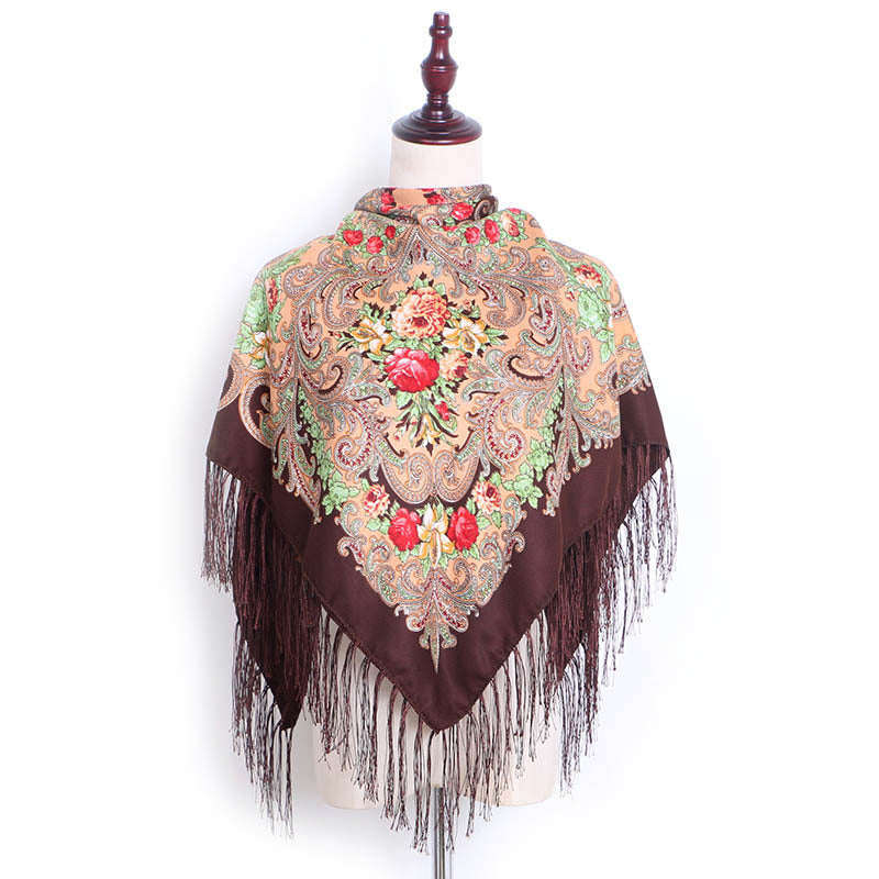 Ethnic Retro Flower Square Scarf Shawl Fringed Scarves for Women Ladies Girls