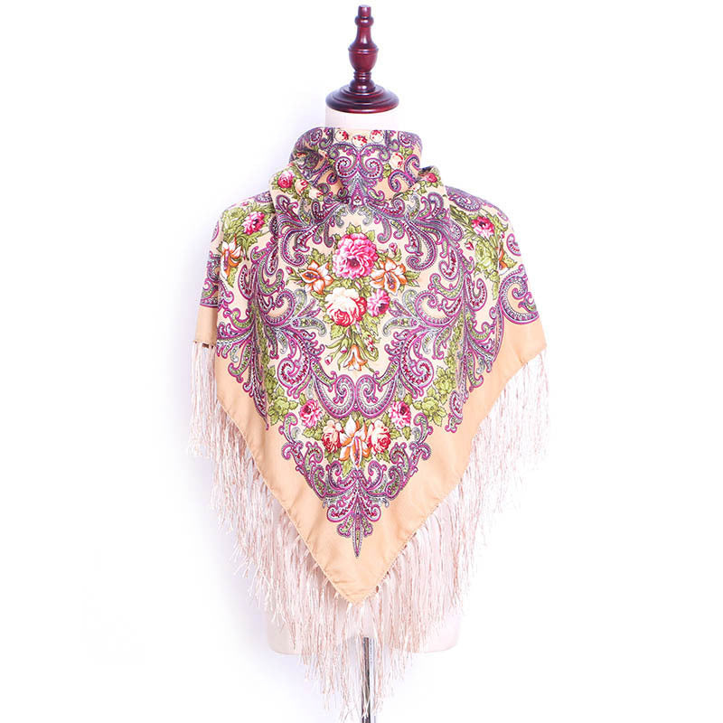 Ethnic Retro Flower Square Scarf Shawl Fringed Scarves for Women Ladies Girls
