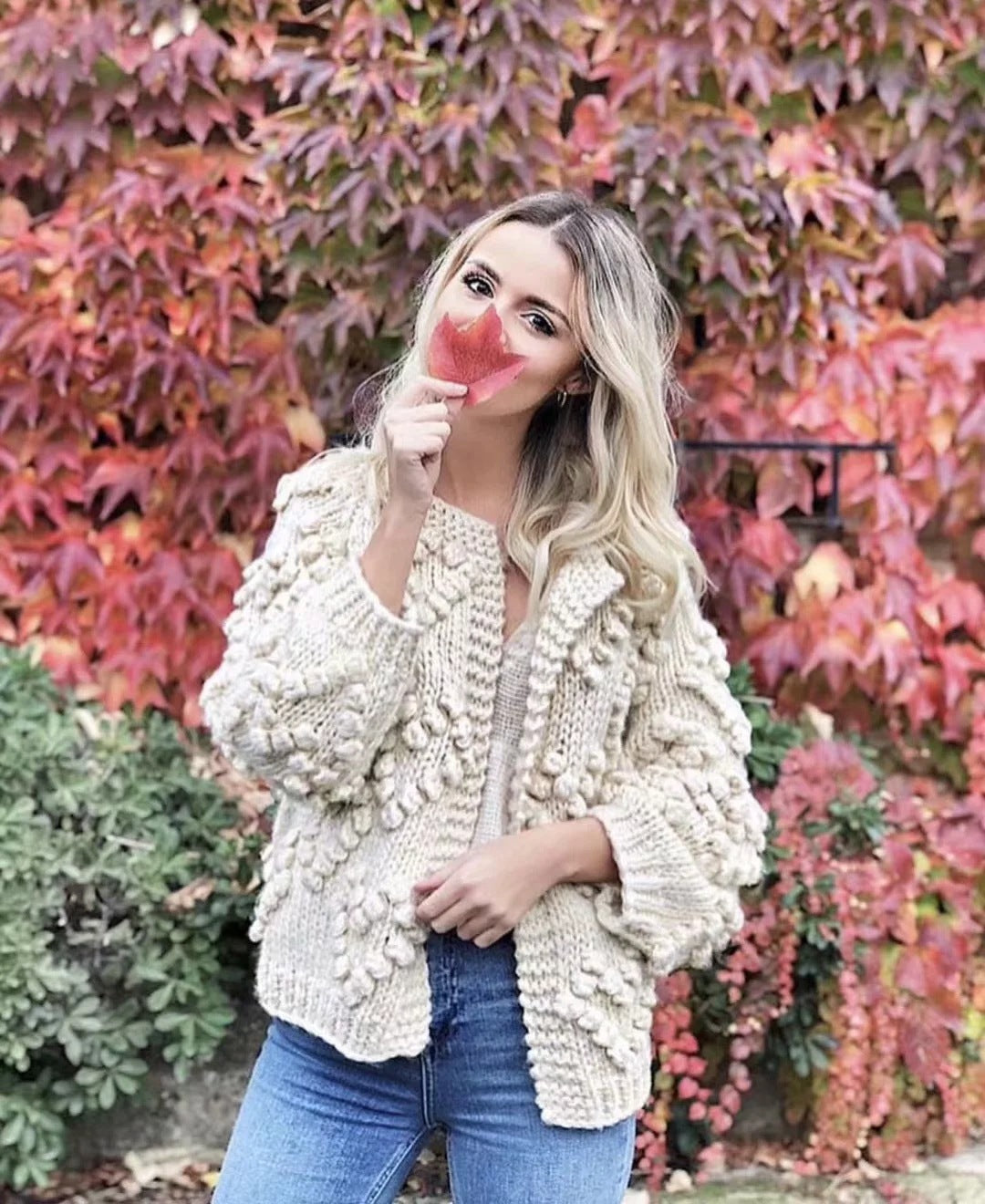 V-neck Handicraft Splicing Hollow-out Sweaters Cardigans
