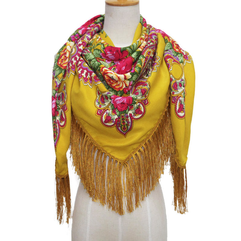 Ethnic Retro Flower Square Scarf Shawl Fringed Scarves for Women Ladies Girls