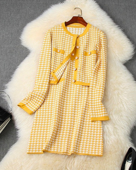 Classic Houndstooth Single-breasted Cardigan Vest Dress Two-piece Set Yellow