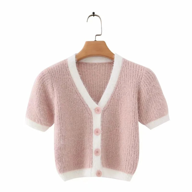 Mohair Single-breasted Knitting Short Cardigan Green