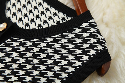 Classic Houndstooth Single-breasted Cardigan Vest Dress Two-piece Set