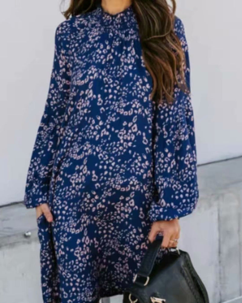 Floral High-collared Bubble Sleeve Lace-up Mini Dresses