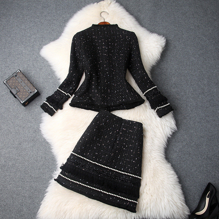 Single-breasted Beading Elastic Waist Tassel Tweed Blazers Mini A-line Skirt Suit Two-piece Set Black