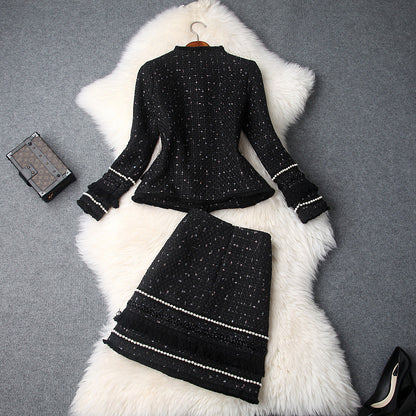 Single-breasted Beading Elastic Waist Tassel Tweed Blazers Mini A-line Skirt Suit Two-piece Set Black