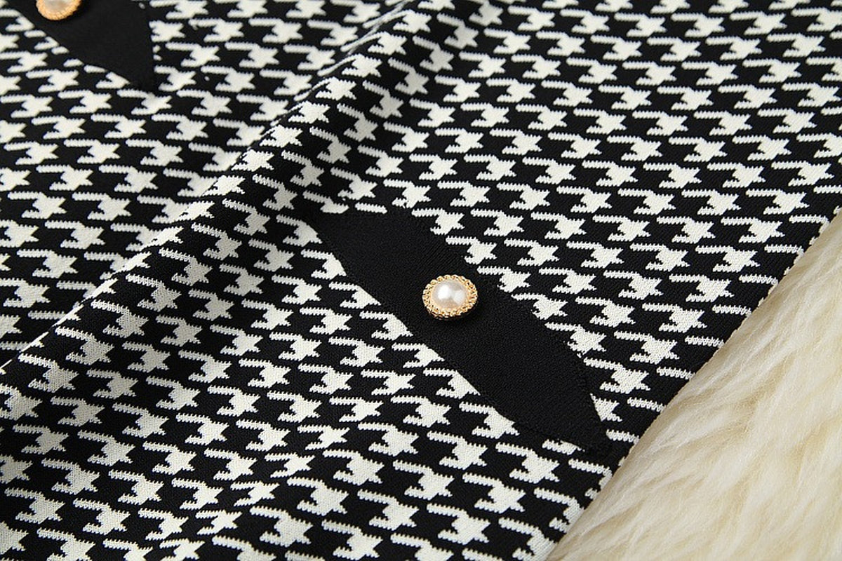 Classic Houndstooth Single-breasted Cardigan Vest Dress Two-piece Set