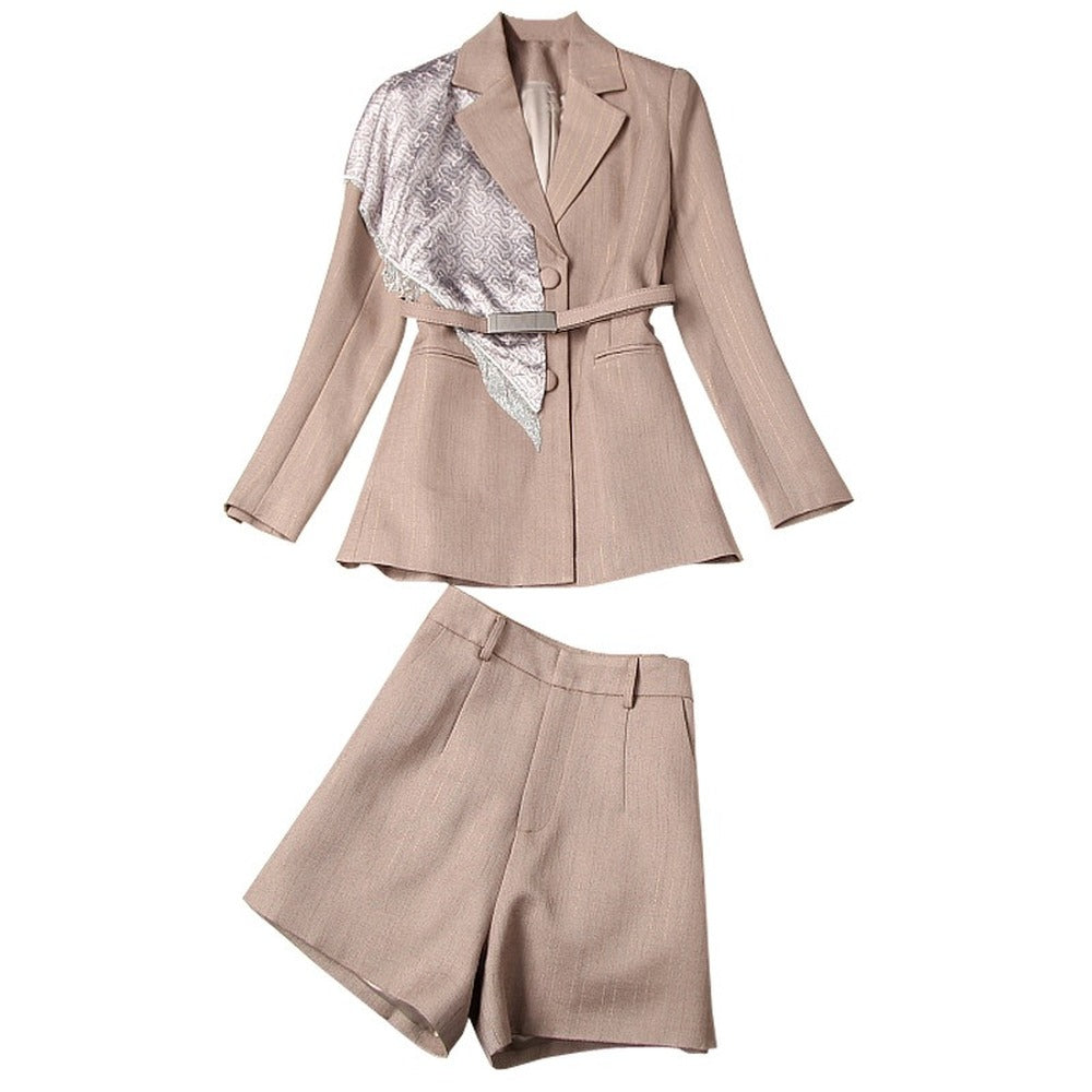Splicing Silk Scarf Women's Blazer Shorts Two-piece Set