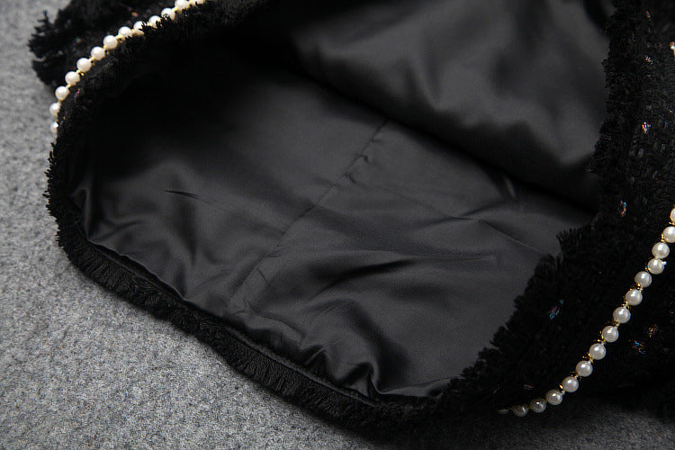 Single-breasted Beading Elastic Waist Tassel Tweed Blazers Mini A-line Skirt Suit Two-piece Set Black