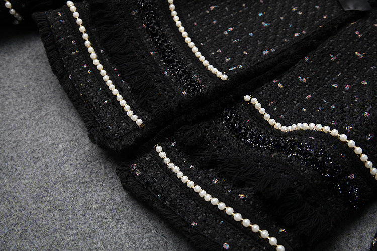 Single-breasted Beading Elastic Waist Tassel Tweed Blazers Mini A-line Skirt Suit Two-piece Set Black
