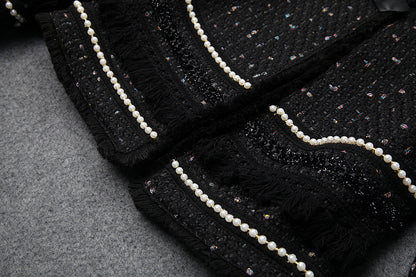 Single-breasted Beading Elastic Waist Tassel Tweed Blazers Mini A-line Skirt Suit Two-piece Set Black