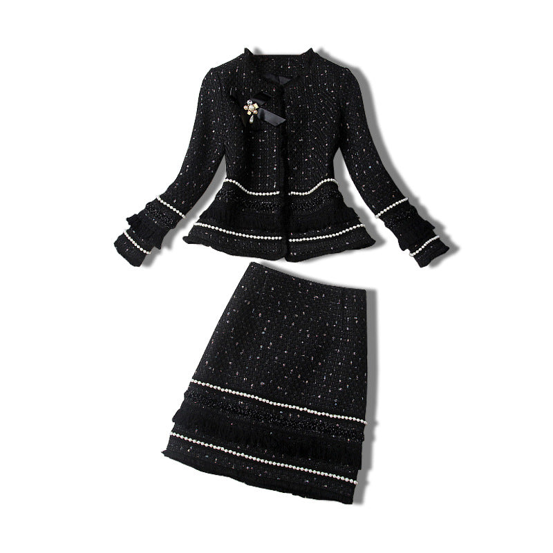 Single-breasted Beading Elastic Waist Tassel Tweed Blazers Mini A-line Skirt Suit Two-piece Set Black
