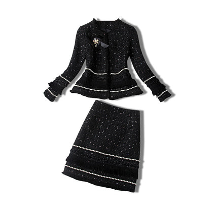 Single-breasted Beading Elastic Waist Tassel Tweed Blazers Mini A-line Skirt Suit Two-piece Set Black