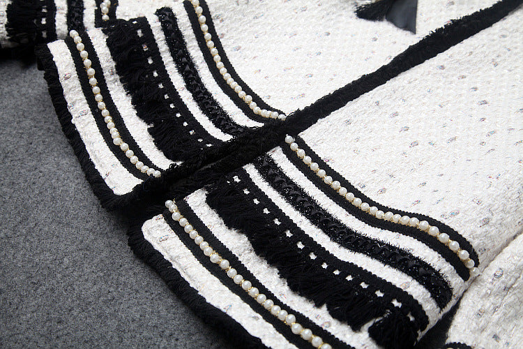 Single-breasted Beading Elastic Waist Tassel Tweed Blazers Mini A-line Skirt Suit Two-piece Set Black
