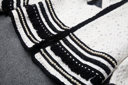Single-breasted Beading Elastic Waist Tassel Tweed Blazers Mini A-line Skirt Suit Two-piece Set Black