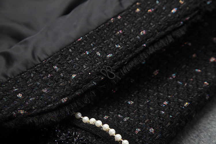 Single-breasted Beading Elastic Waist Tassel Tweed Blazers Mini A-line Skirt Suit Two-piece Set Black