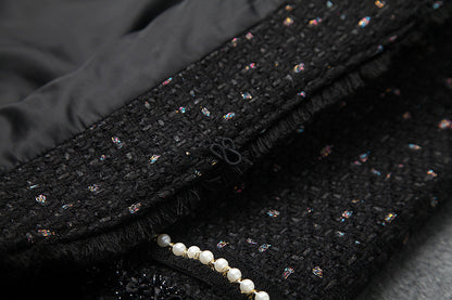 Single-breasted Beading Elastic Waist Tassel Tweed Blazers Mini A-line Skirt Suit Two-piece Set Black