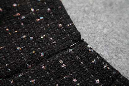 Single-breasted Beading Elastic Waist Tassel Tweed Blazers Mini A-line Skirt Suit Two-piece Set Black