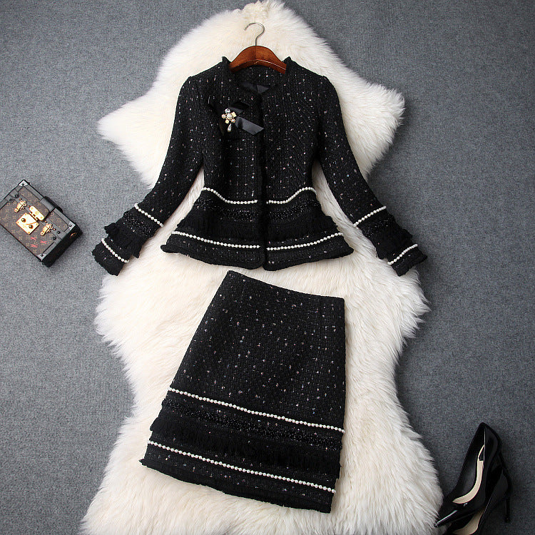 Single-breasted Beading Elastic Waist Tassel Tweed Blazers Mini A-line Skirt Suit Two-piece Set Black