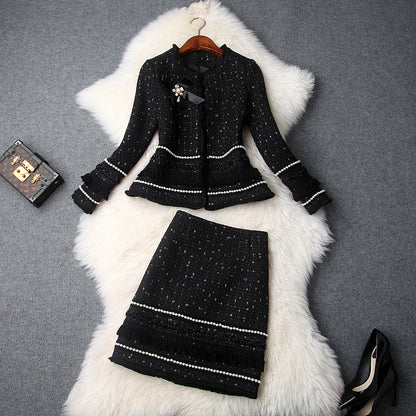 Single-breasted Beading Elastic Waist Tassel Tweed Blazers Mini A-line Skirt Suit Two-piece Set Black