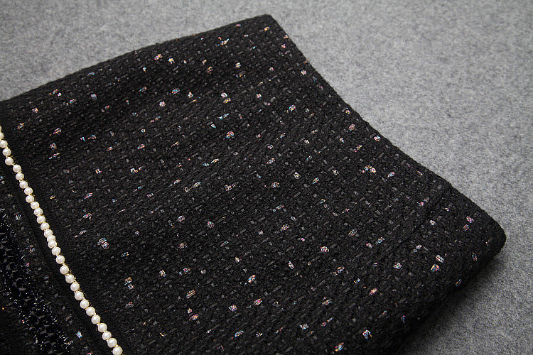 Single-breasted Beading Elastic Waist Tassel Tweed Blazers Mini A-line Skirt Suit Two-piece Set Black