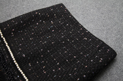 Single-breasted Beading Elastic Waist Tassel Tweed Blazers Mini A-line Skirt Suit Two-piece Set Black