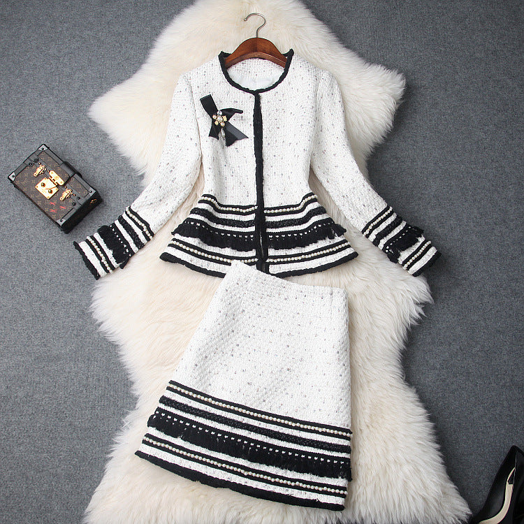 Single-breasted Beading Elastic Waist Tassel Tweed Blazers Mini A-line Skirt Suit Two-piece Set Black