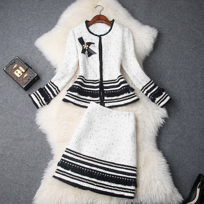 Single-breasted Beading Elastic Waist Tassel Tweed Blazers Mini A-line Skirt Suit Two-piece Set Black